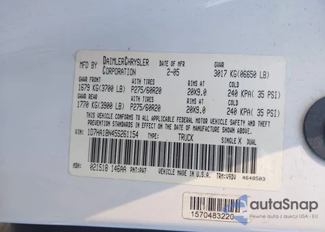 2005 Dodge Ram 1500 Slt/Laramie from USA, damaged, VIN 1D7HA18N45S261154